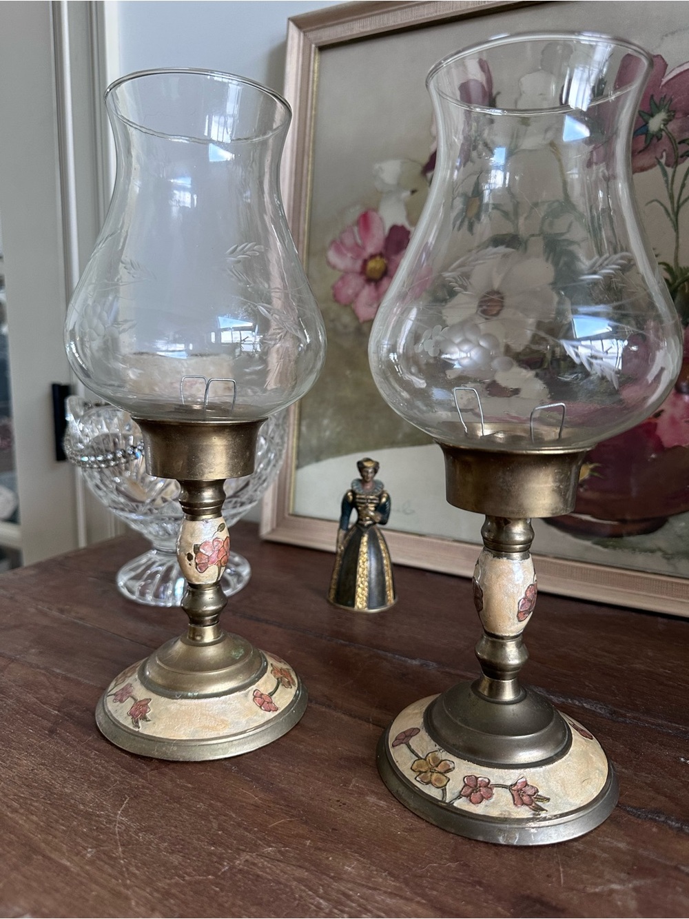 Floral Ceramic & Brass Hurricane Candle Holders - Pair Etched Floral